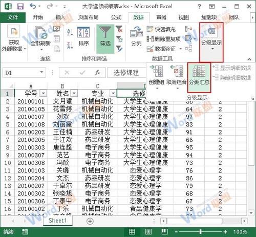 在Excel2013中使用分类汇总功能