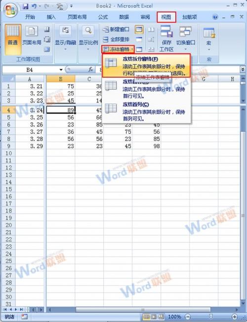 Excel2007中如何冻结拆分窗口?