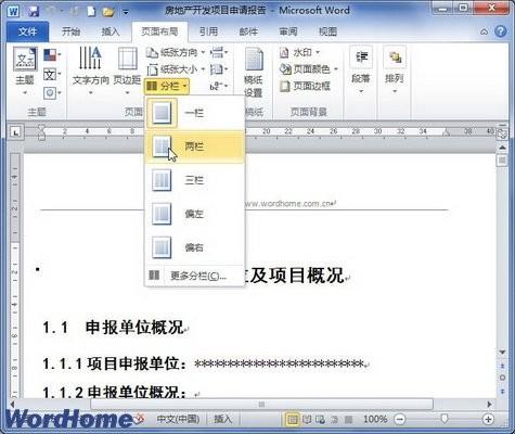 word2010如何分栏