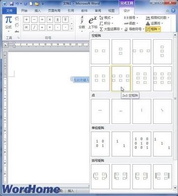 在Word2010中创建包含矩阵的公式