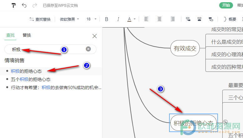 WPS PPT思维导图中使用关键字找到主题的方法