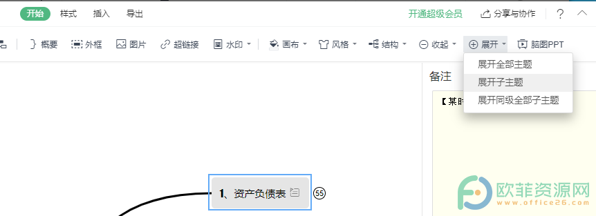 WPS PPT中一键打开思维导图子主题的方法