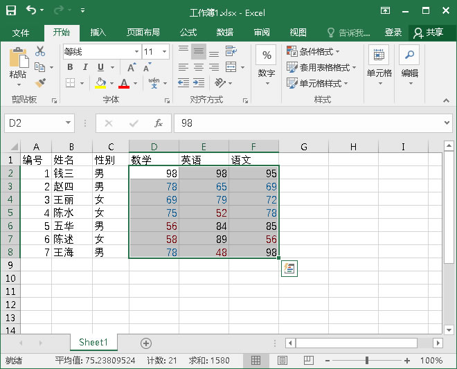 带有颜色标记的成绩表就完成啦