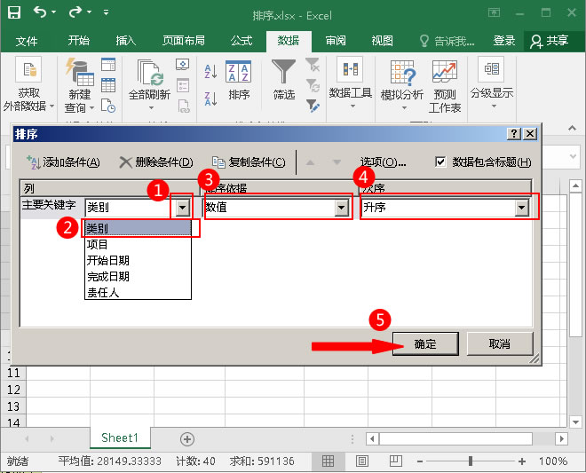 将主要关键字选为“类别”，排序依据为“数值”，次序为“升序”