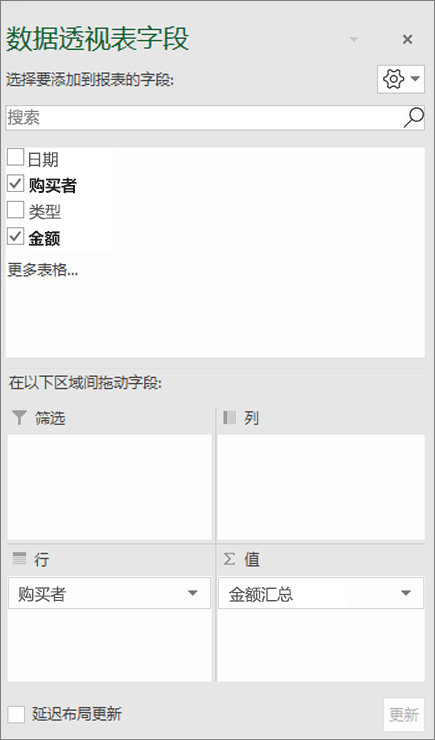 显示字段部分和区域部分的字段列表